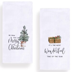 merry christmas wonderful time of the year kitchen dish towels, 18 x 28 inch winter xmas farmhouse holiday tea towels for cooking baking set of 2
