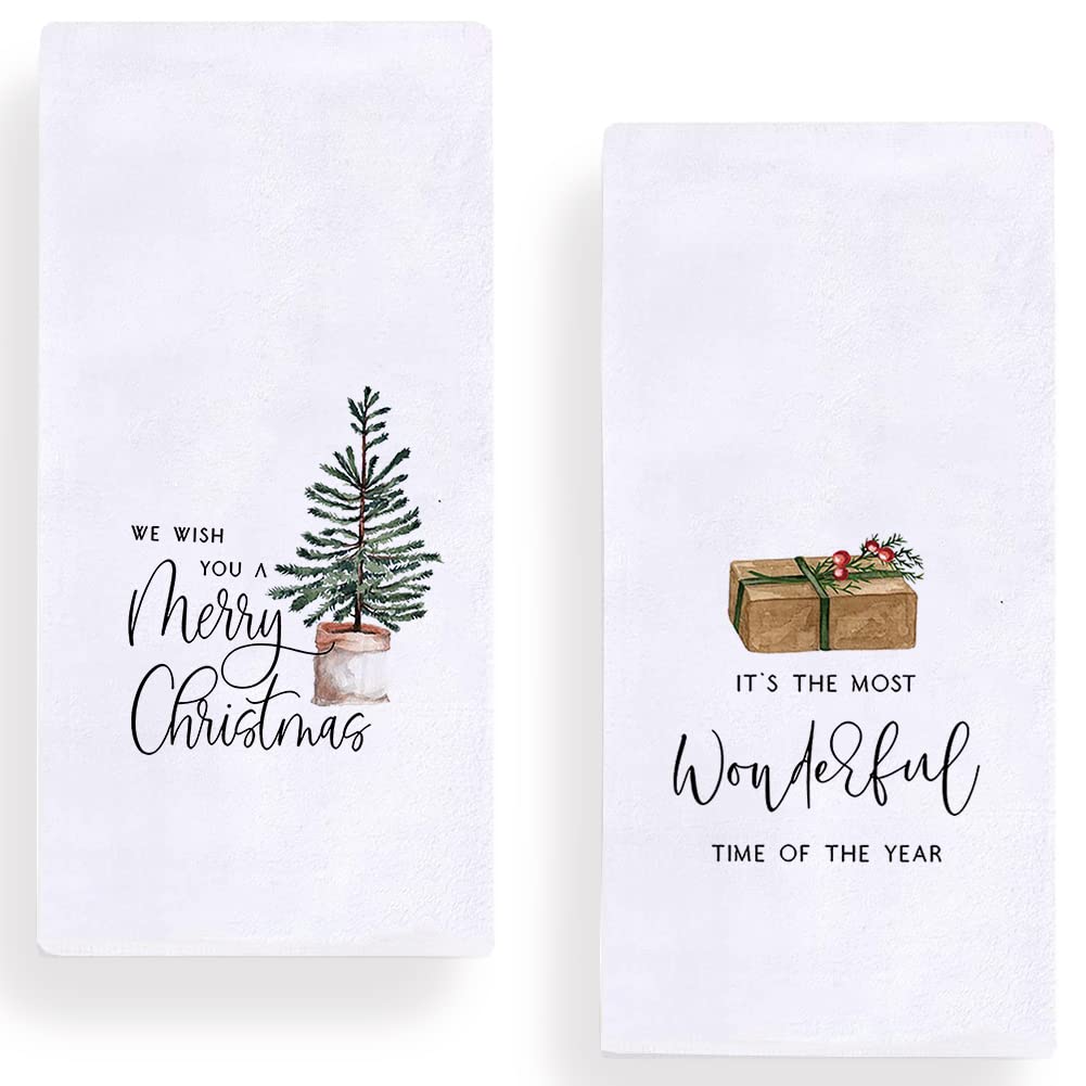 Merry Christmas Wonderful Time of The Year Kitchen Dish Towels, 18 x 28 Inch Winter Xmas Farmhouse Holiday Tea Towels for Cooking Baking Set of 2