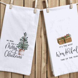 Merry Christmas Wonderful Time of The Year Kitchen Dish Towels, 18 x 28 Inch Winter Xmas Farmhouse Holiday Tea Towels for Cooking Baking Set of 2