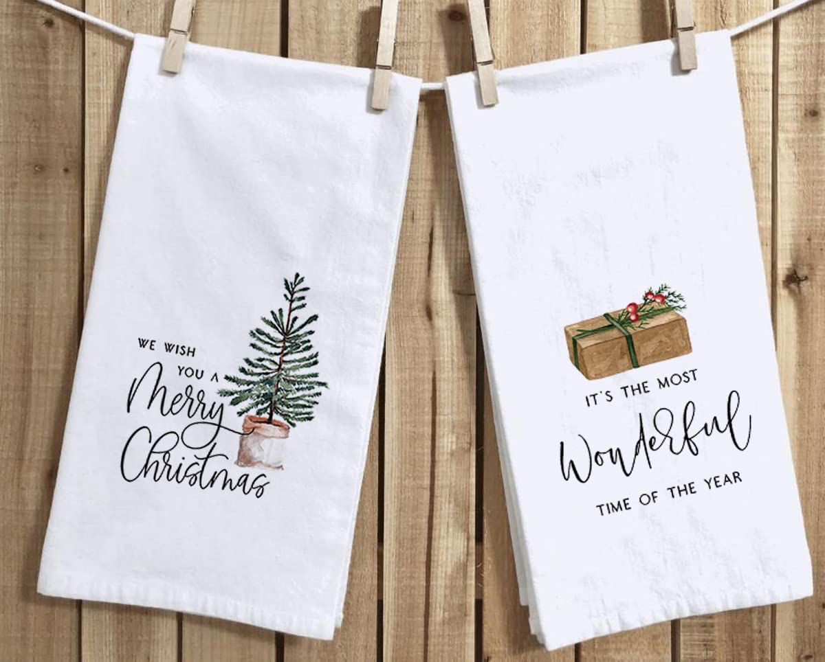 Merry Christmas Wonderful Time of The Year Kitchen Dish Towels, 18 x 28 Inch Winter Xmas Farmhouse Holiday Tea Towels for Cooking Baking Set of 2