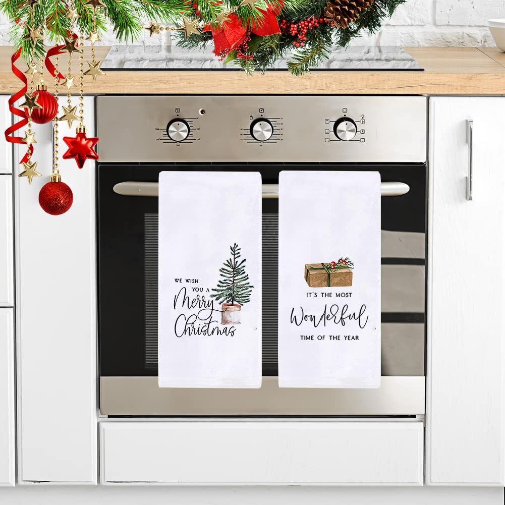 Merry Christmas Wonderful Time of The Year Kitchen Dish Towels, 18 x 28 Inch Winter Xmas Farmhouse Holiday Tea Towels for Cooking Baking Set of 2