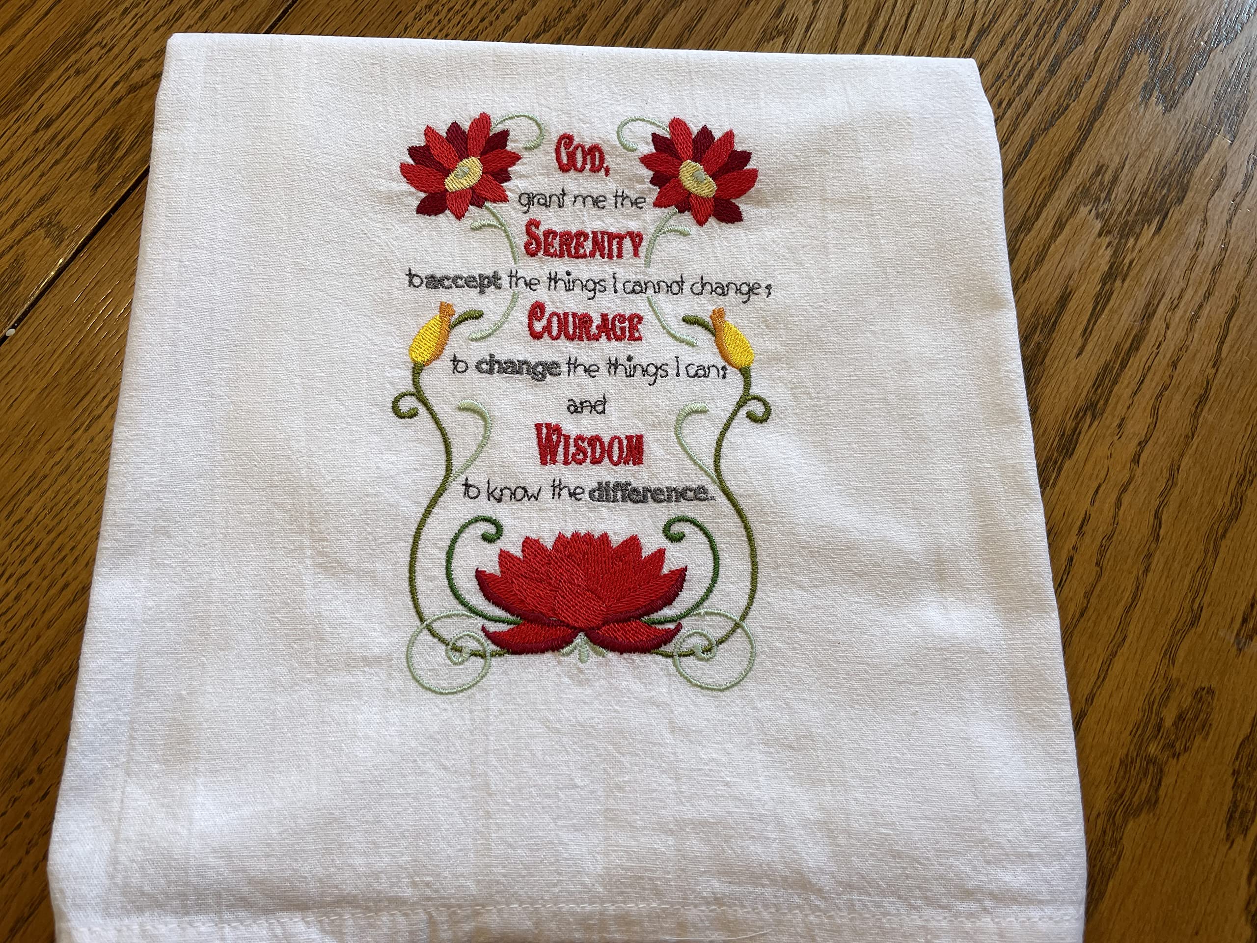 Serenity prayer embroidered flour sack tea towel, dish towel, choice of flower and large text color, machine embroidery,