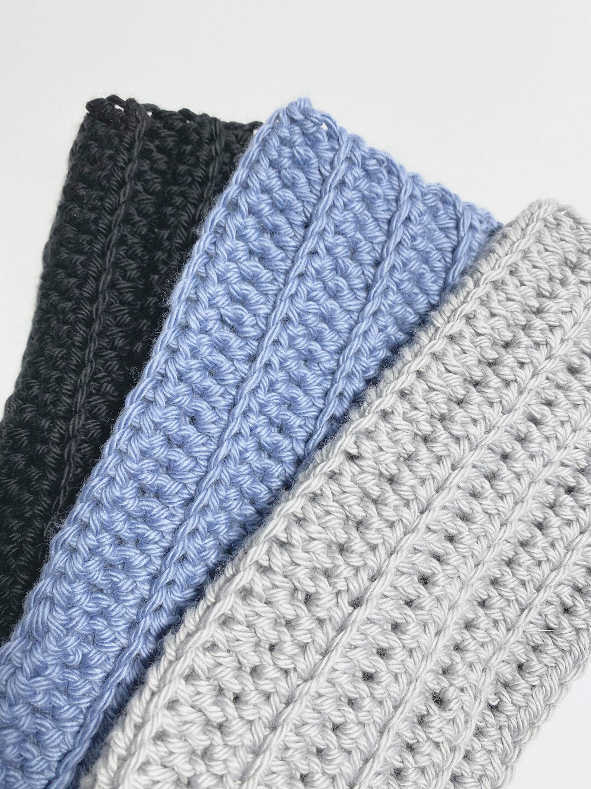 Set of 3 Handmade Crochet Washcloths, 100% cotton washcloths, set of 3, Dish Towels, Dish cloths, Baby washcloths, linen, Black, Blue and Gray Cotton Washcloths