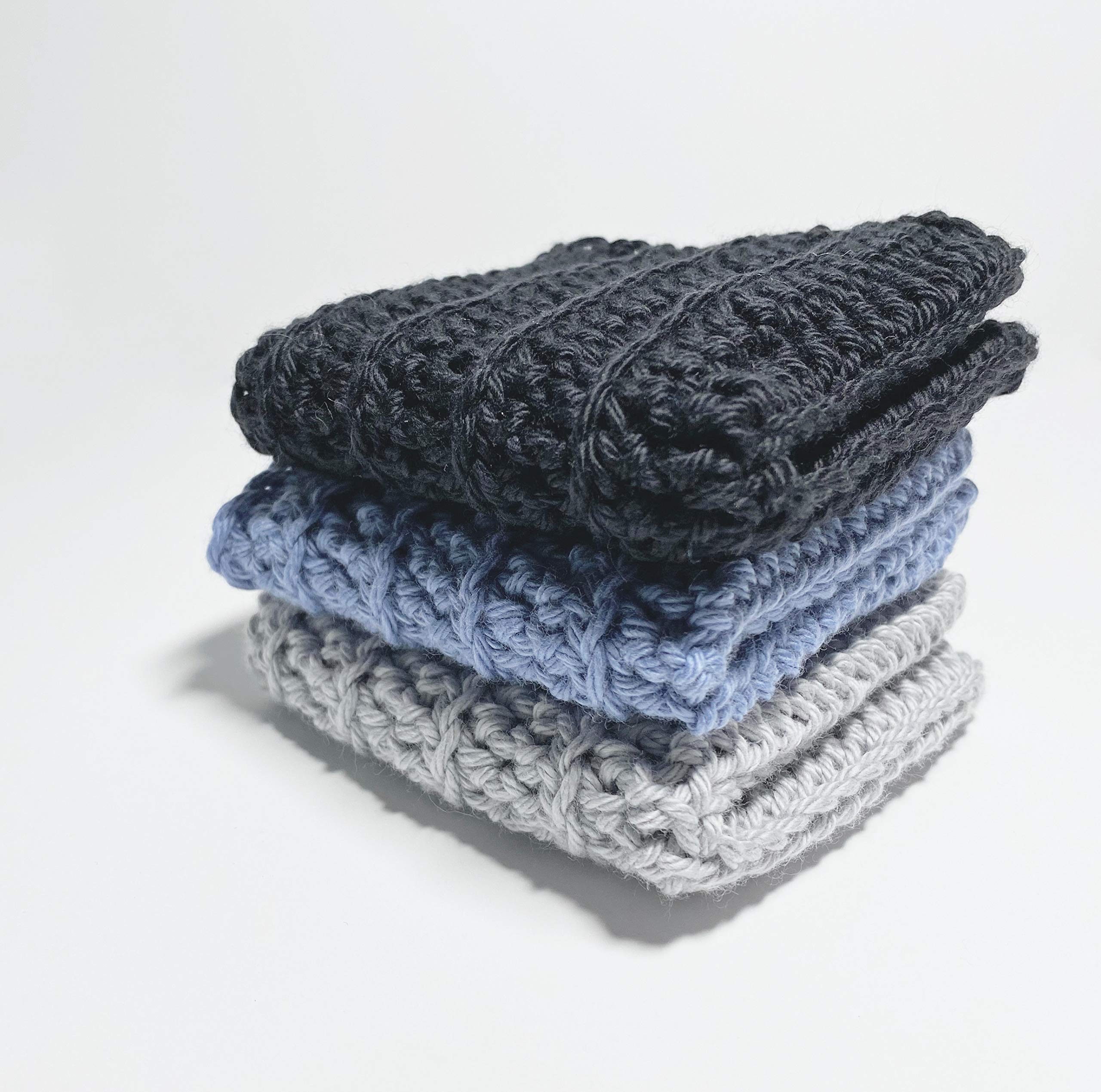 Set of 3 Handmade Crochet Washcloths, 100% cotton washcloths, set of 3, Dish Towels, Dish cloths, Baby washcloths, linen, Black, Blue and Gray Cotton Washcloths