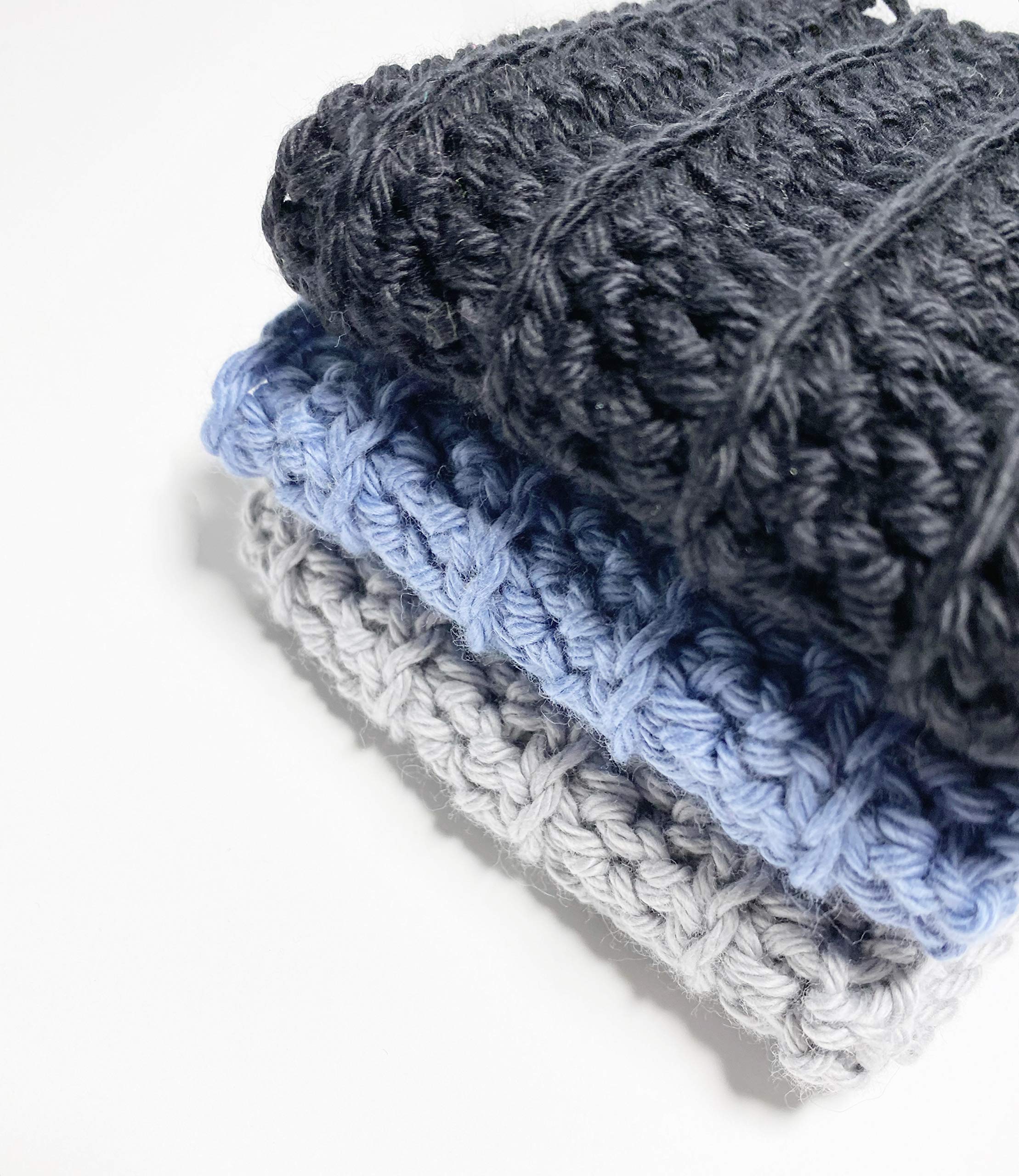 Set of 3 Handmade Crochet Washcloths, 100% cotton washcloths, set of 3, Dish Towels, Dish cloths, Baby washcloths, linen, Black, Blue and Gray Cotton Washcloths