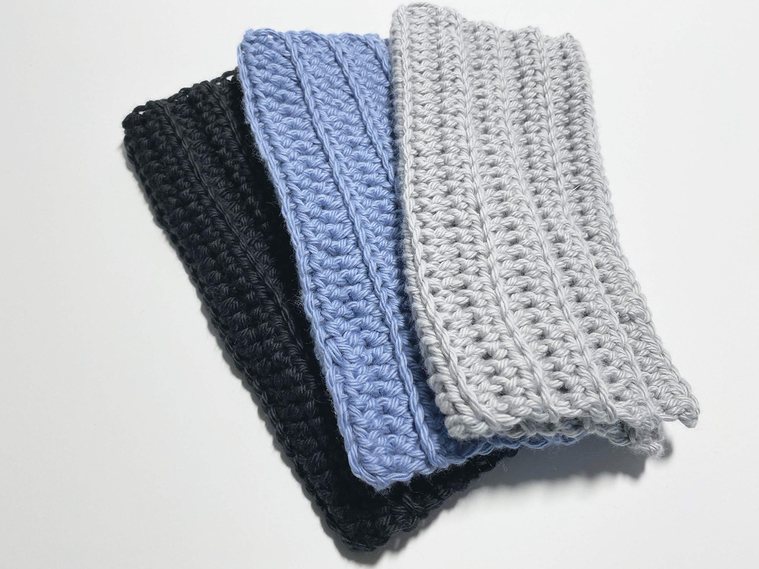 Set of 3 Handmade Crochet Washcloths, 100% cotton washcloths, set of 3, Dish Towels, Dish cloths, Baby washcloths, linen, Black, Blue and Gray Cotton Washcloths