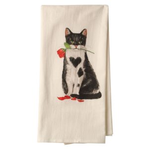 mary lake-thompson ltd. busy kitties tea towels - black and white cat with rose cotton flour sack kitchen cloth