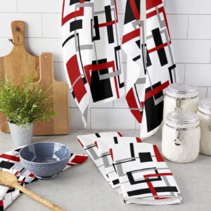 DOME-SPACE Dish Washing Towels Absorbent Kitchen Towels Dishcloths Sets Modern Red Abstract Black Grey Geometric Texture Lint Free Cleaning Cloths 2 Pack for Dining Room Cafe (28x18 Inch)