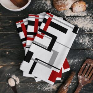 DOME-SPACE Dish Washing Towels Absorbent Kitchen Towels Dishcloths Sets Modern Red Abstract Black Grey Geometric Texture Lint Free Cleaning Cloths 2 Pack for Dining Room Cafe (28x18 Inch)