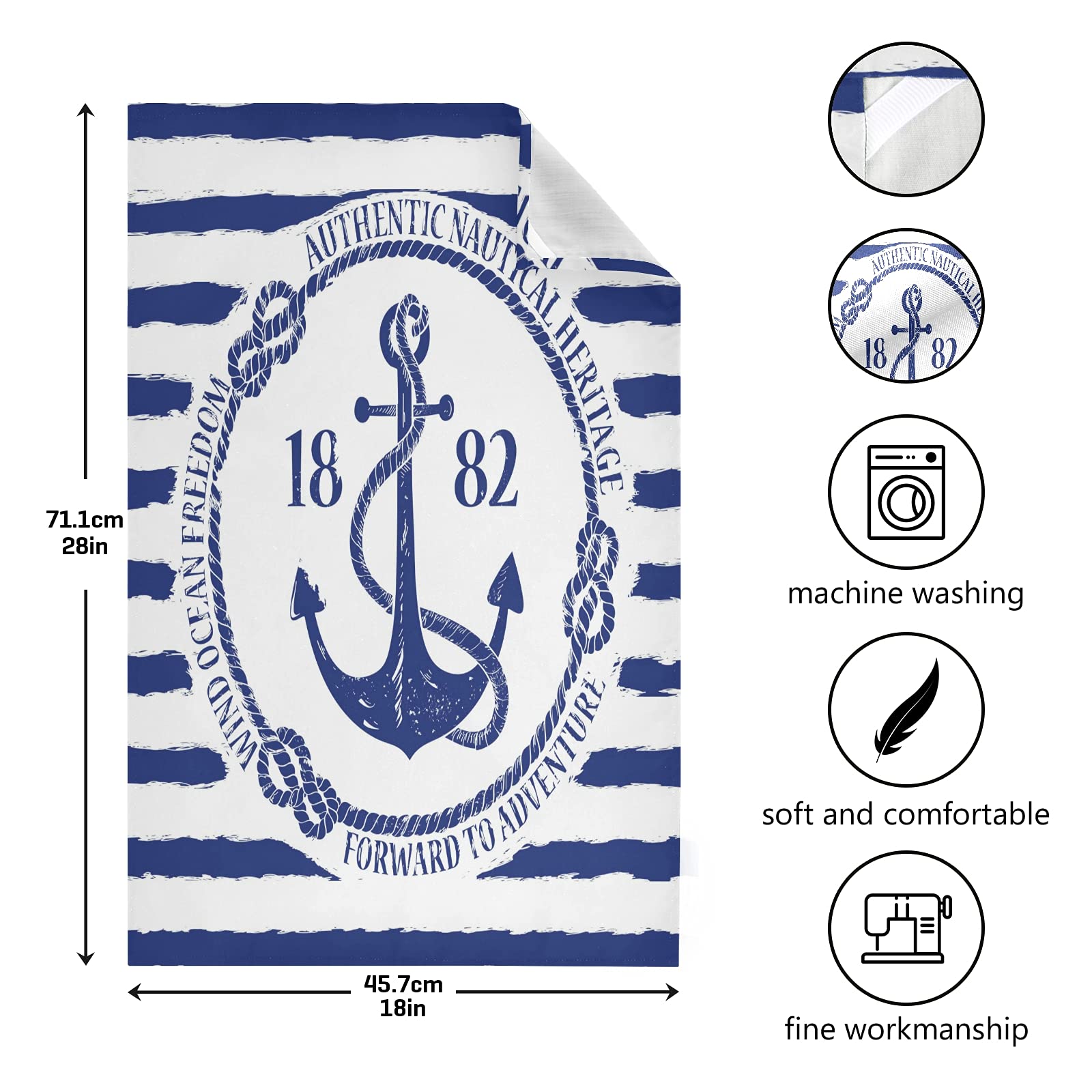 ALAZA Nautical Anchor Striped Blue Ocean Kitchen Towels Dish Bar Tea Towel Dishcloths 1 Pack Super Absorbent Soft 18 x 28 inches