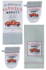 kay dee designs farm market 4 piece red truck kitchen linen bundle, 2 towels and 2 grabber mitts