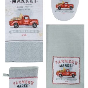 Kay Dee Designs Farm Market 4 Piece Red Truck Kitchen Linen Bundle, 2 Towels and 2 Grabber Mitts