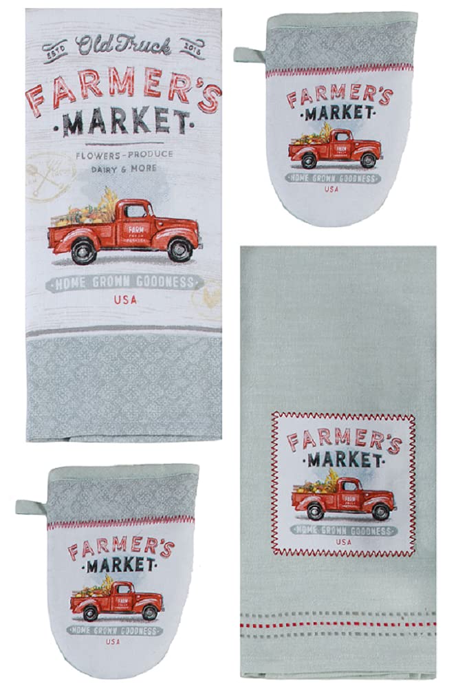 Kay Dee Designs Farm Market 4 Piece Red Truck Kitchen Linen Bundle, 2 Towels and 2 Grabber Mitts