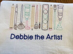 personalized art utensils embroidered flour sack tea towel, dish towel, your choice of text and color