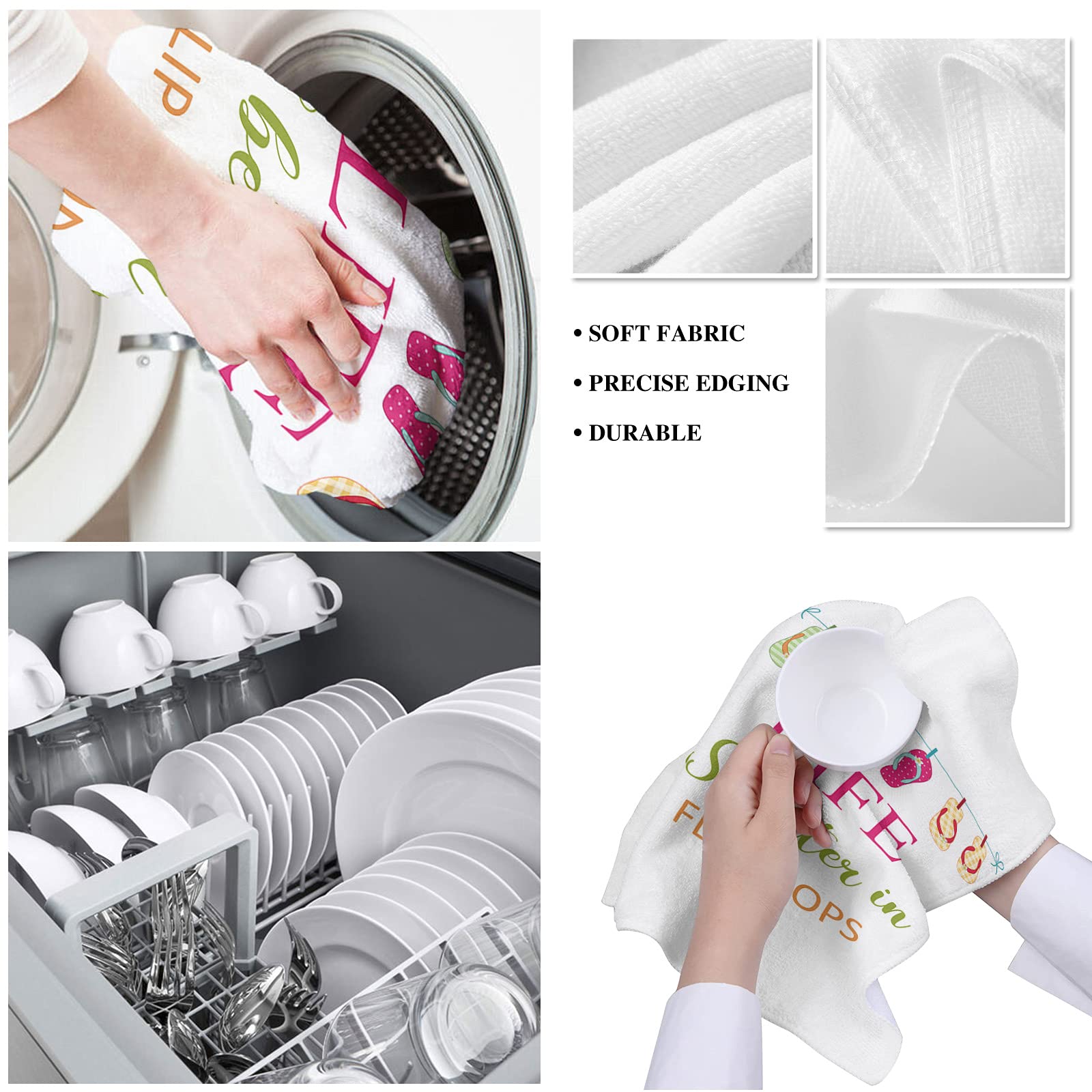 Kitchen Dish Towels 2 Pack-Super Absorbent Soft Microfiber,Life is Better in Flip Flops Colorful Slippers Cleaning Dishcloth Hand Towels Tea Towels for Kitchen Bathroom Bar