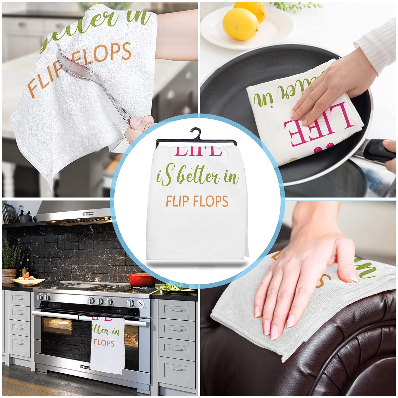 Kitchen Dish Towels 2 Pack-Super Absorbent Soft Microfiber,Life is Better in Flip Flops Colorful Slippers Cleaning Dishcloth Hand Towels Tea Towels for Kitchen Bathroom Bar