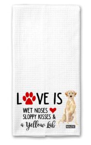 the creating studio personalized love is wet noses sloppy kisses and a yellow labrador retriever waffle kitchen towel -15"x25" housewarming gift, dog lover gift