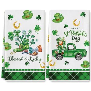 anydesign st. patrick's day kitchen towel watercolor shamrock clover truck dish towel irish green check plaids hand drying tea towel for cooking baking cleaning wipes, 18 x 28 inch, 2 pack