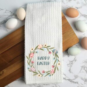 happy easter wreath dish towel happy easter christian design kitchen towels kitchen décor waffle weave (16" x 24")