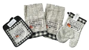 4 pc fall kitchen set w/kitchen towels, oven mitt, pot holder - buffalo plaid kitchen set pumpkin, apple cider, hayrides fall kitchen decor set - comes in an organza bag so it's ready for giving