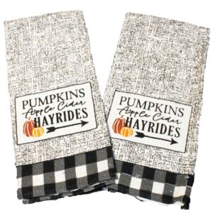 4 pc Fall Kitchen Set w/Kitchen Towels, Oven Mitt, Pot Holder - Buffalo Plaid Kitchen Set Pumpkin, Apple Cider, Hayrides Fall Kitchen Decor Set - Comes in an Organza Bag so It's Ready for Giving