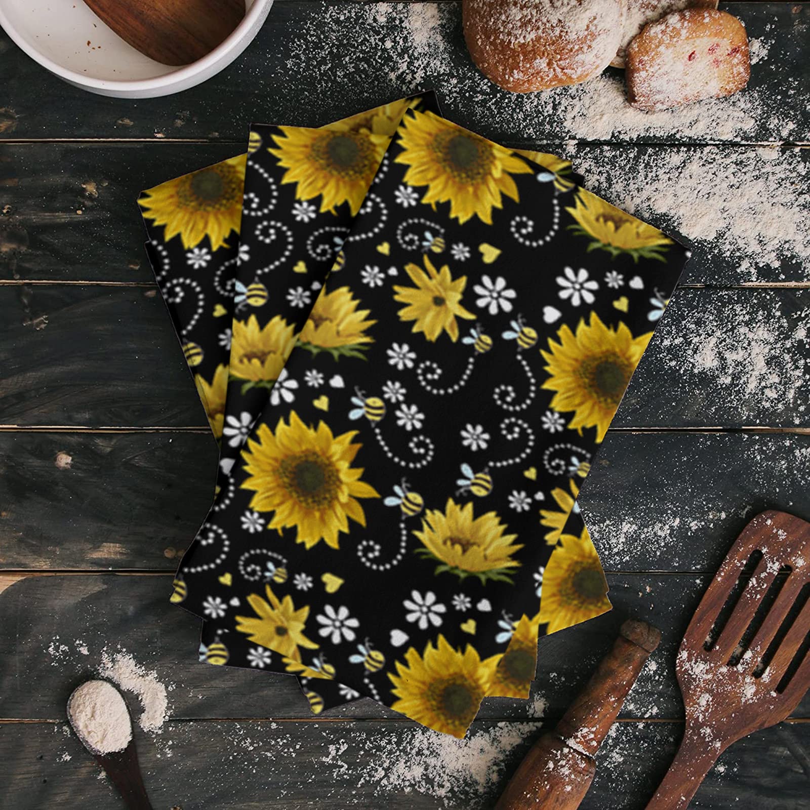 Meet 1998 Floral Sunflower Bee Kitchen Towels, Set of 2 Hand Drying Towel, Soft Absorbent Multipurpose Cloth Tea Towels for Cooking Baking, Yellow Black Washable Dish Towels Cloth 18x28 Inch