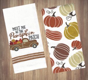mainstream fall kitchen towels, set of 2, vintage bronze truck meet me at the pumpkin patch and print cotton terry dishtowels drying cloth 16 x 26 inches white, bronze, brown, gold, orange wine, grey