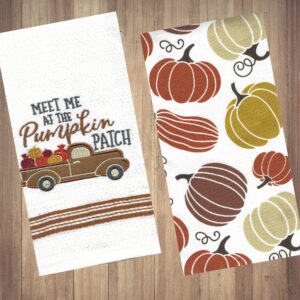 Mainstream Fall Kitchen Towels, Set of 2, Vintage Bronze Truck Meet Me at The Pumpkin Patch and Print Cotton Terry Dishtowels Drying Cloth 16 x 26 inches White, Bronze, Brown, Gold, Orange Wine, Grey