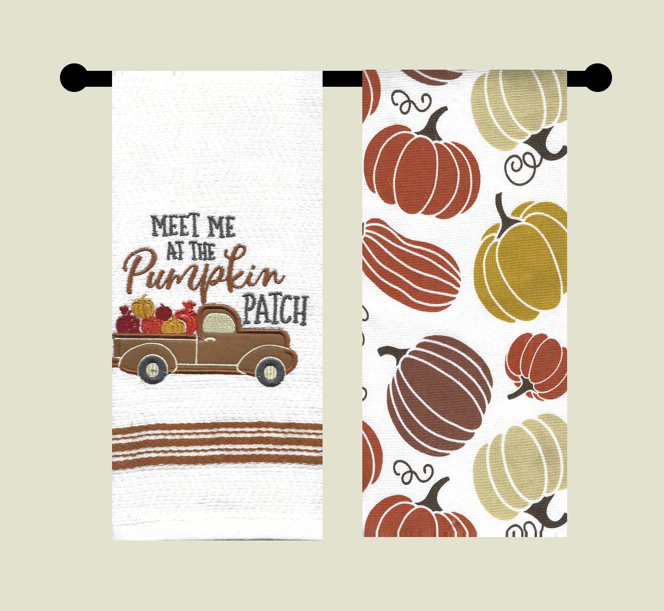 Mainstream Fall Kitchen Towels, Set of 2, Vintage Bronze Truck Meet Me at The Pumpkin Patch and Print Cotton Terry Dishtowels Drying Cloth 16 x 26 inches White, Bronze, Brown, Gold, Orange Wine, Grey