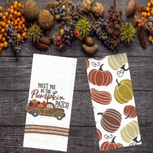 Mainstream Fall Kitchen Towels, Set of 2, Vintage Bronze Truck Meet Me at The Pumpkin Patch and Print Cotton Terry Dishtowels Drying Cloth 16 x 26 inches White, Bronze, Brown, Gold, Orange Wine, Grey