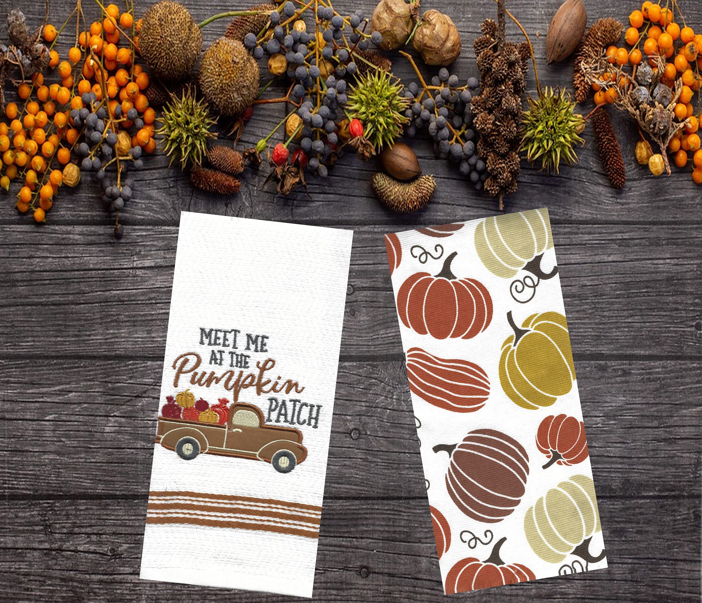 Mainstream Fall Kitchen Towels, Set of 2, Vintage Bronze Truck Meet Me at The Pumpkin Patch and Print Cotton Terry Dishtowels Drying Cloth 16 x 26 inches White, Bronze, Brown, Gold, Orange Wine, Grey