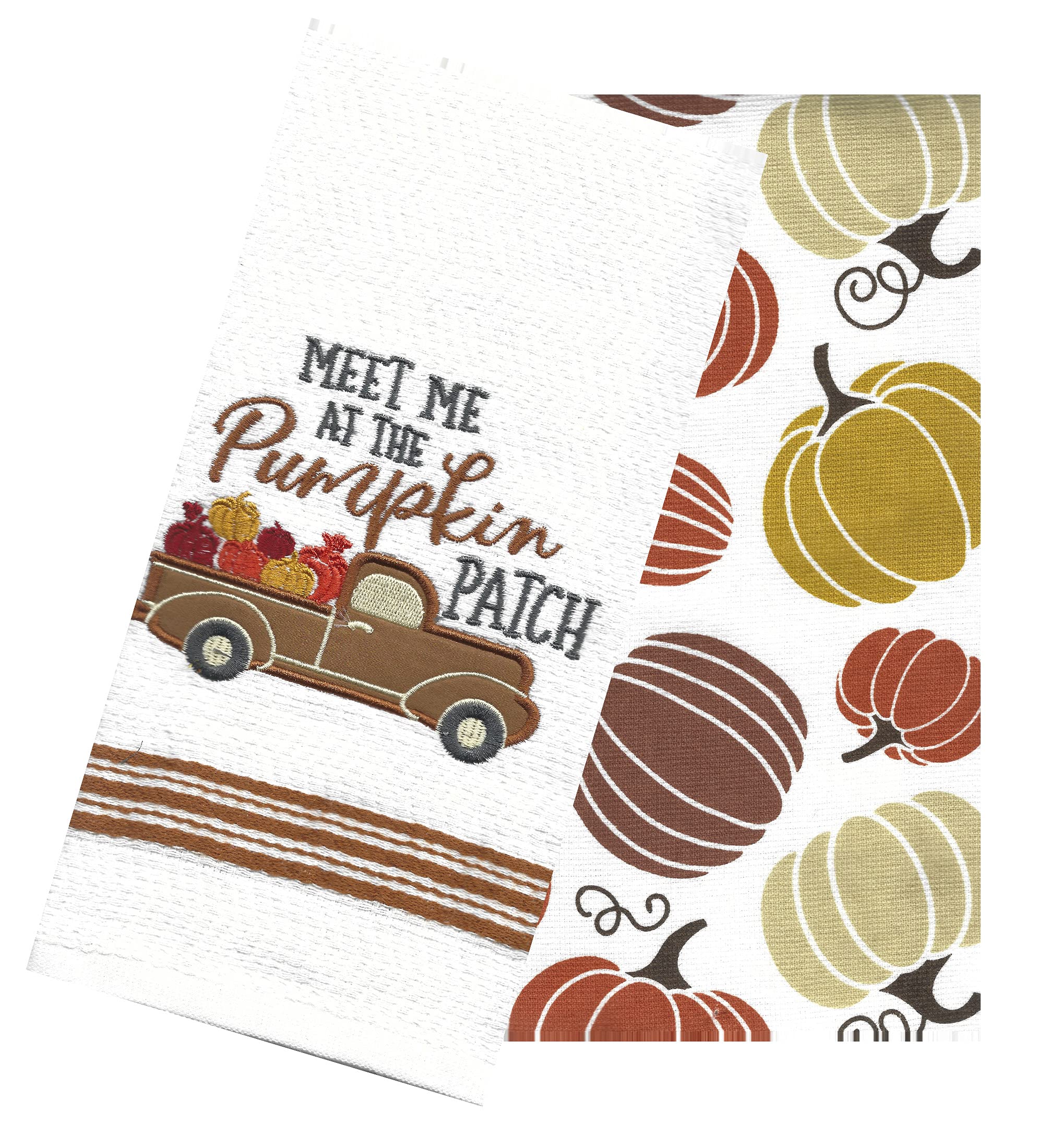 Mainstream Fall Kitchen Towels, Set of 2, Vintage Bronze Truck Meet Me at The Pumpkin Patch and Print Cotton Terry Dishtowels Drying Cloth 16 x 26 inches White, Bronze, Brown, Gold, Orange Wine, Grey