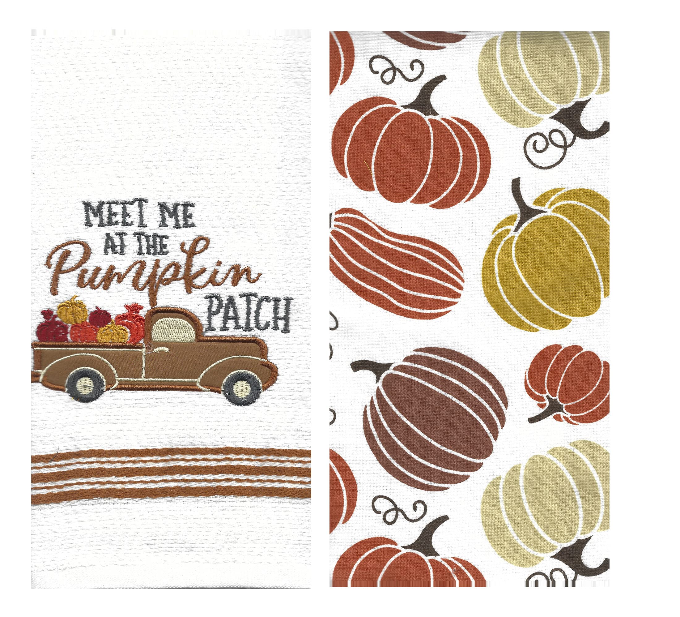 Mainstream Fall Kitchen Towels, Set of 2, Vintage Bronze Truck Meet Me at The Pumpkin Patch and Print Cotton Terry Dishtowels Drying Cloth 16 x 26 inches White, Bronze, Brown, Gold, Orange Wine, Grey