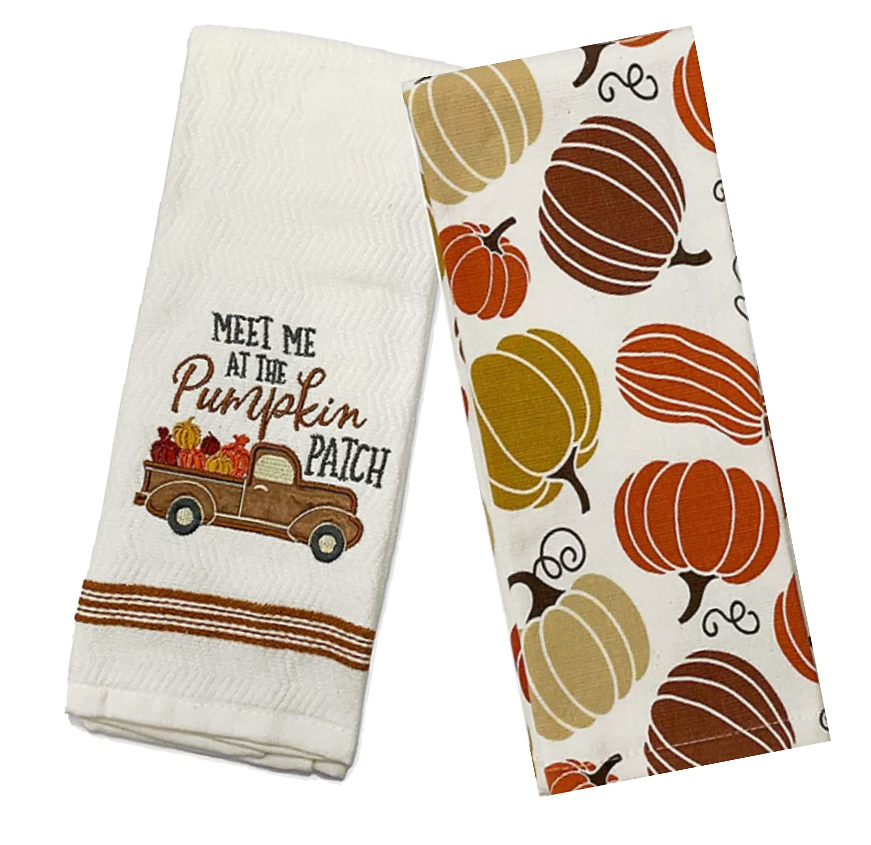 Mainstream Fall Kitchen Towels, Set of 2, Vintage Bronze Truck Meet Me at The Pumpkin Patch and Print Cotton Terry Dishtowels Drying Cloth 16 x 26 inches White, Bronze, Brown, Gold, Orange Wine, Grey