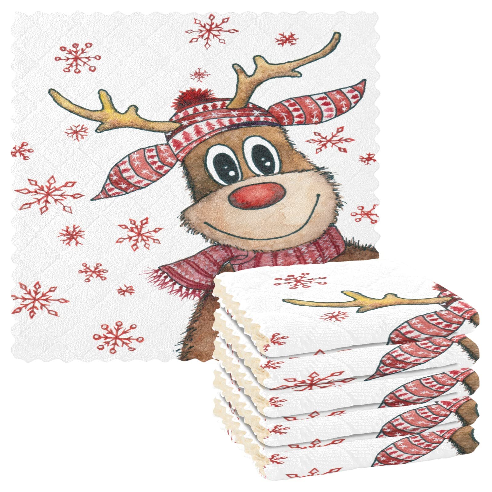 VIGTRO Winter Christmas Deer Kitchen Towels Super Absorbent, Red Snowflake Premium Dish Cloths Towels,Washable Fast Drying Dish Rags Reusable Cleaning Cloth 11x11 6 Pack