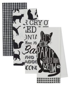 4 cat themed decorative cotton kitchen towels (includes one with sayings) | black and white towel set for dish and hand drying