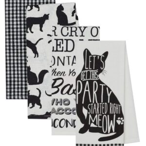 4 Cat Themed Decorative Cotton Kitchen Towels (Includes One with Sayings) | Black and White Towel Set for Dish and Hand Drying