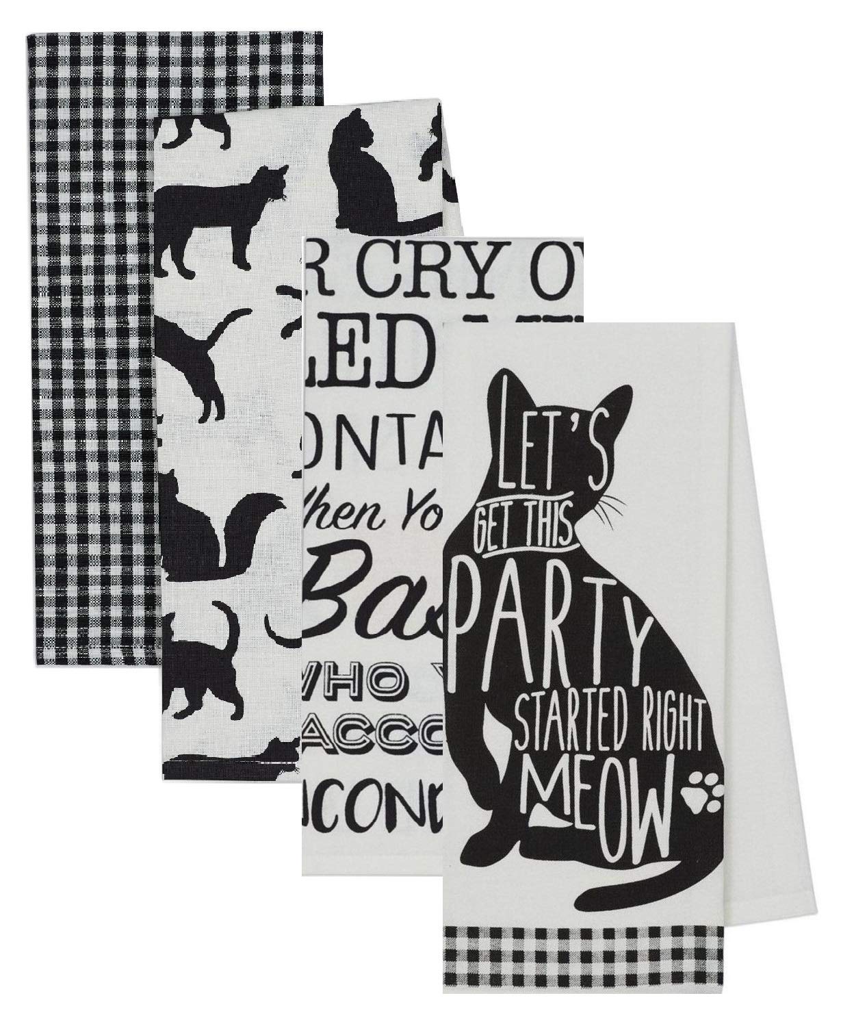 4 Cat Themed Decorative Cotton Kitchen Towels (Includes One with Sayings) | Black and White Towel Set for Dish and Hand Drying