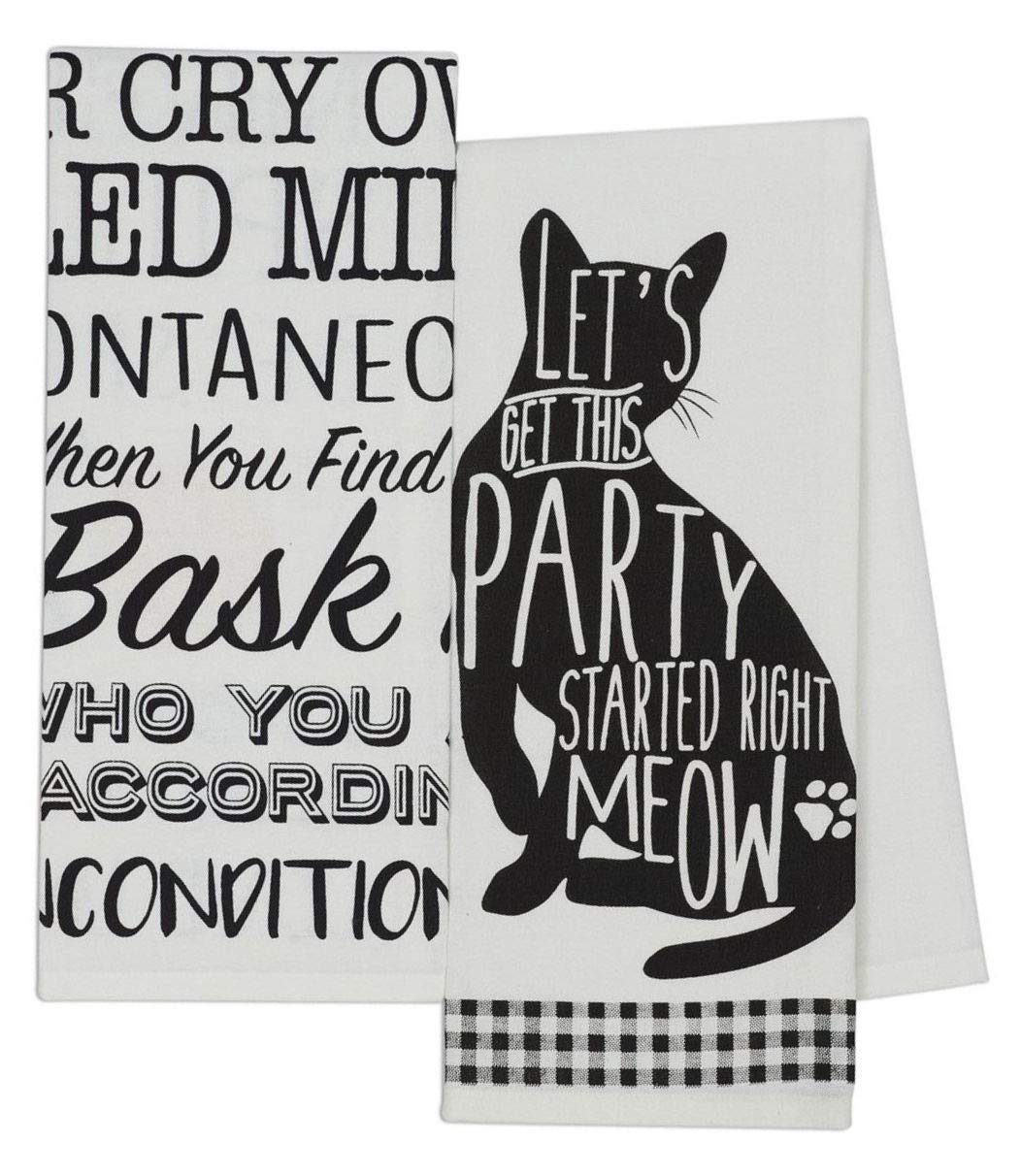 4 Cat Themed Decorative Cotton Kitchen Towels (Includes One with Sayings) | Black and White Towel Set for Dish and Hand Drying