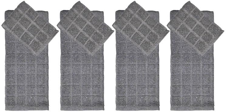 Set of 8, 100% Cotton Grey Window Panel Terry Kitchen Towel - 4 Kitchen Towels Size: 15 x 25 inch and 4 Dishcloths Size: 12 x 12 inch, Ultra Absorbent, Maximum Softness and Machine Washable.