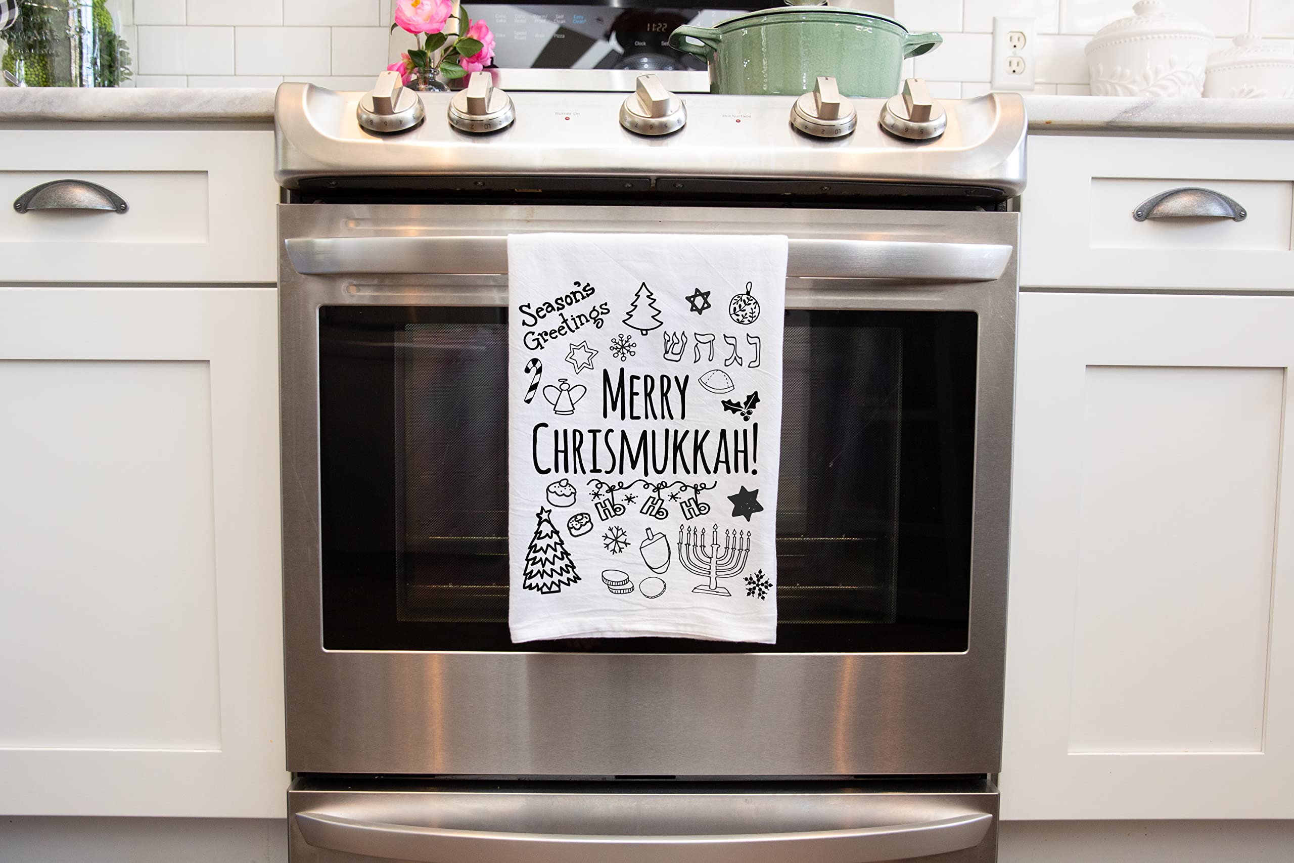 Funny Jewish Holiday Kitchen Towel, Hanukkah and Shabbat Jewish Holiday Gift for Housewarming or Hostess, Handmade Dish Towel (Chrismukkah)