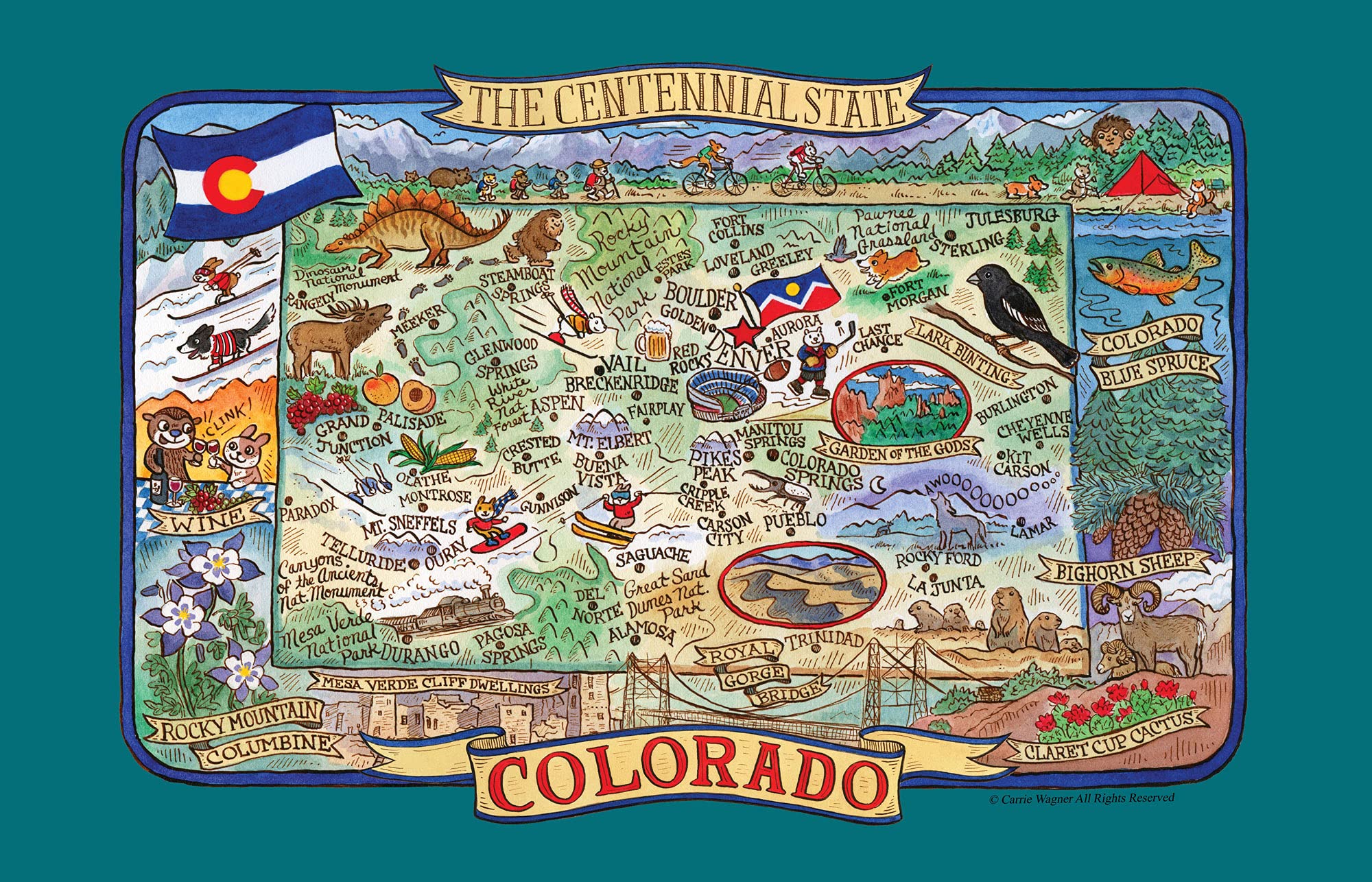 Kay Dee Colorado Tea Towel The Centennial State Adventure Destinations Souvenir Pictorial Poster Style Map Kitchen Towel,Multicolor,18 in x 28 in