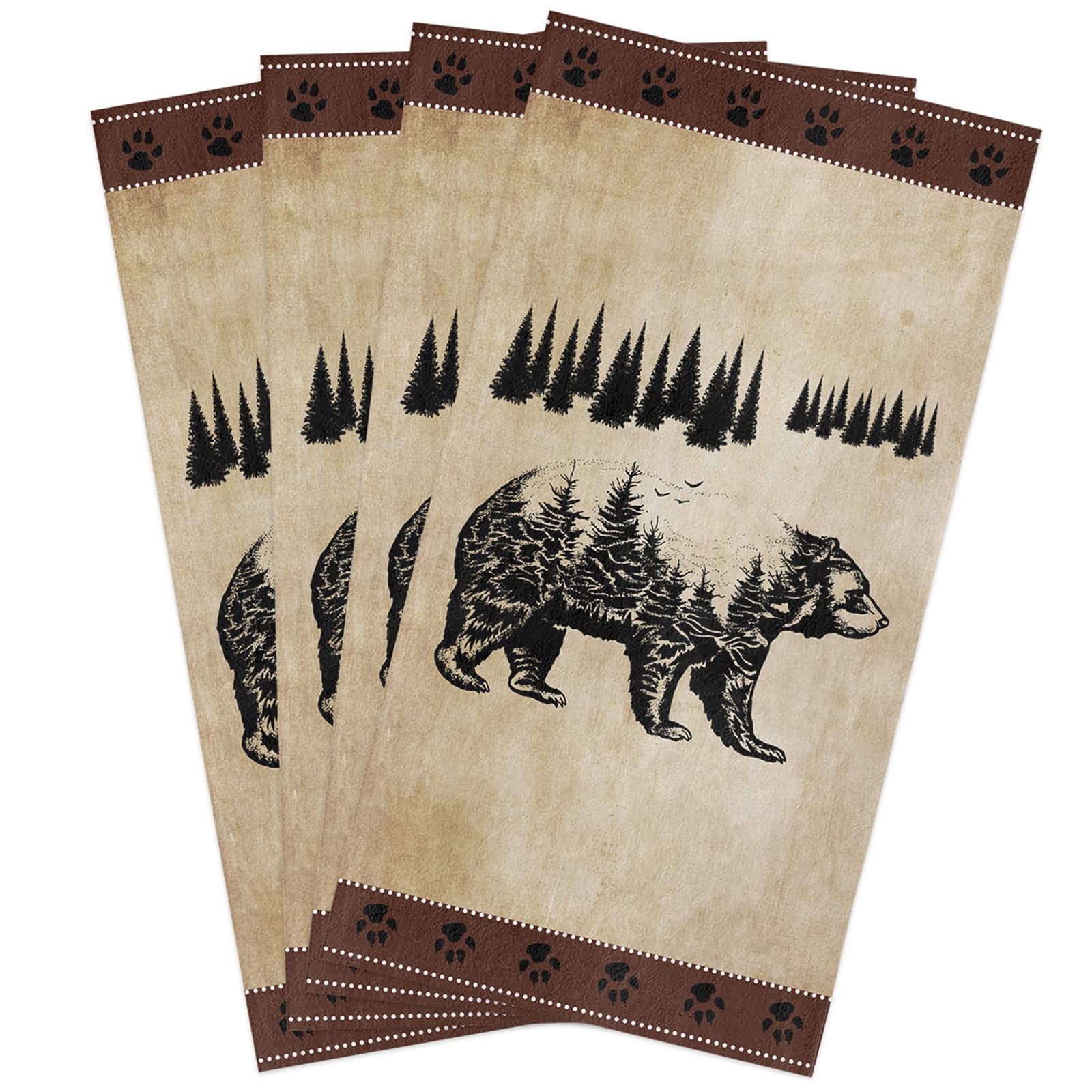 Edwiinsa Kitchen Dish Towels and Dishcloths Sets, Bear Pine Trees Silhouettes 18 X 28 Inches Absorbent Hand Towels Dish Rags with Hanging Loop for Home Cleaning Retro Paper