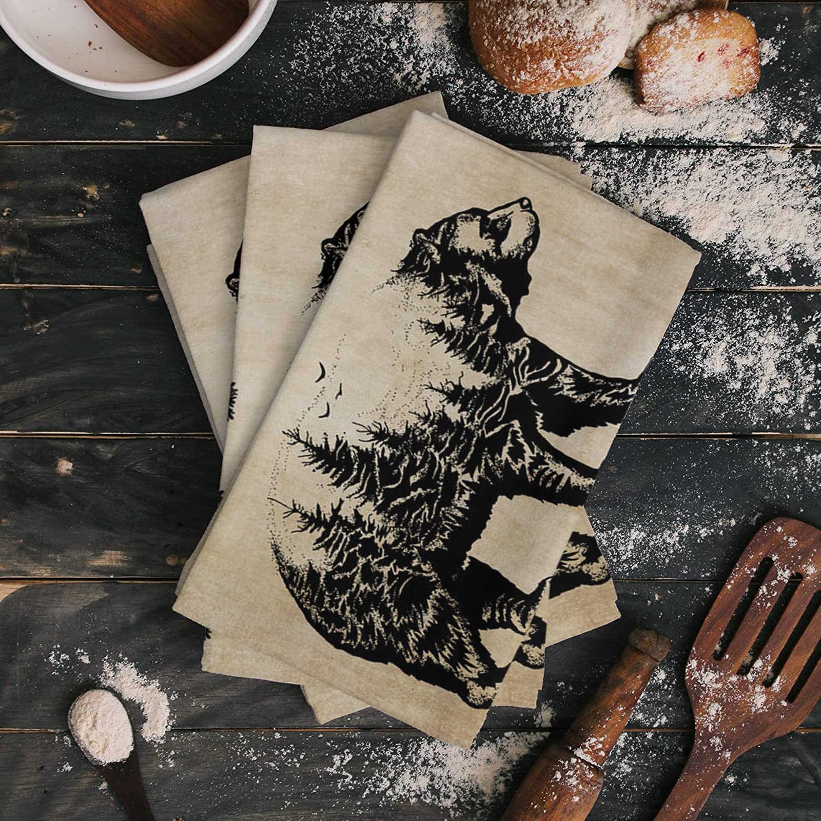 Edwiinsa Kitchen Dish Towels and Dishcloths Sets, Bear Pine Trees Silhouettes 18 X 28 Inches Absorbent Hand Towels Dish Rags with Hanging Loop for Home Cleaning Retro Paper