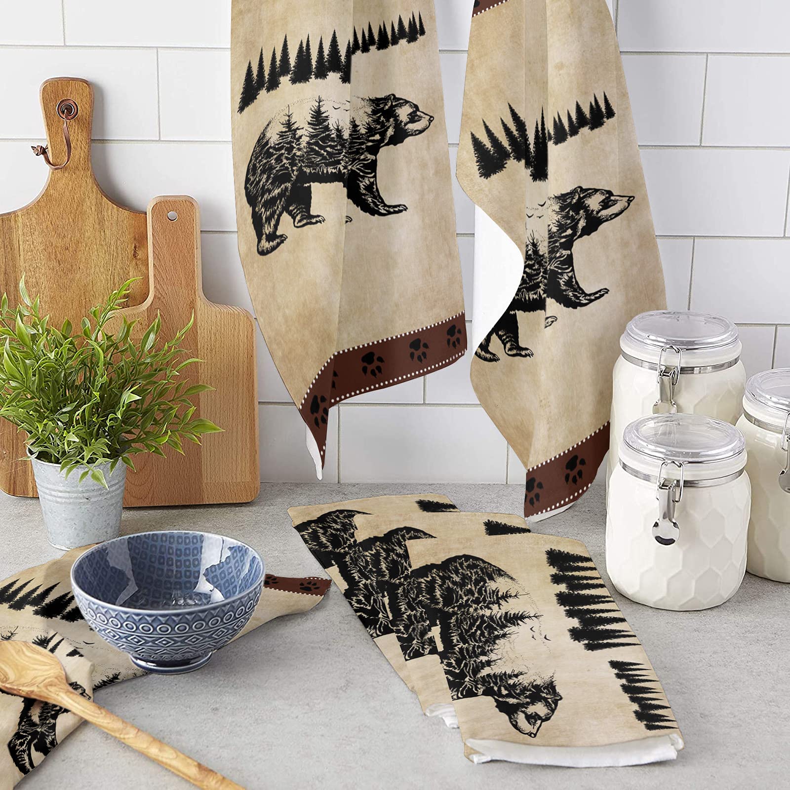 Edwiinsa Kitchen Dish Towels and Dishcloths Sets, Bear Pine Trees Silhouettes 18 X 28 Inches Absorbent Hand Towels Dish Rags with Hanging Loop for Home Cleaning Retro Paper