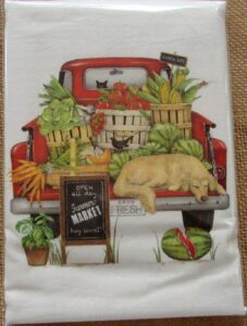 mary lake thompson flour sack towel red, farmer's market truck with dog
