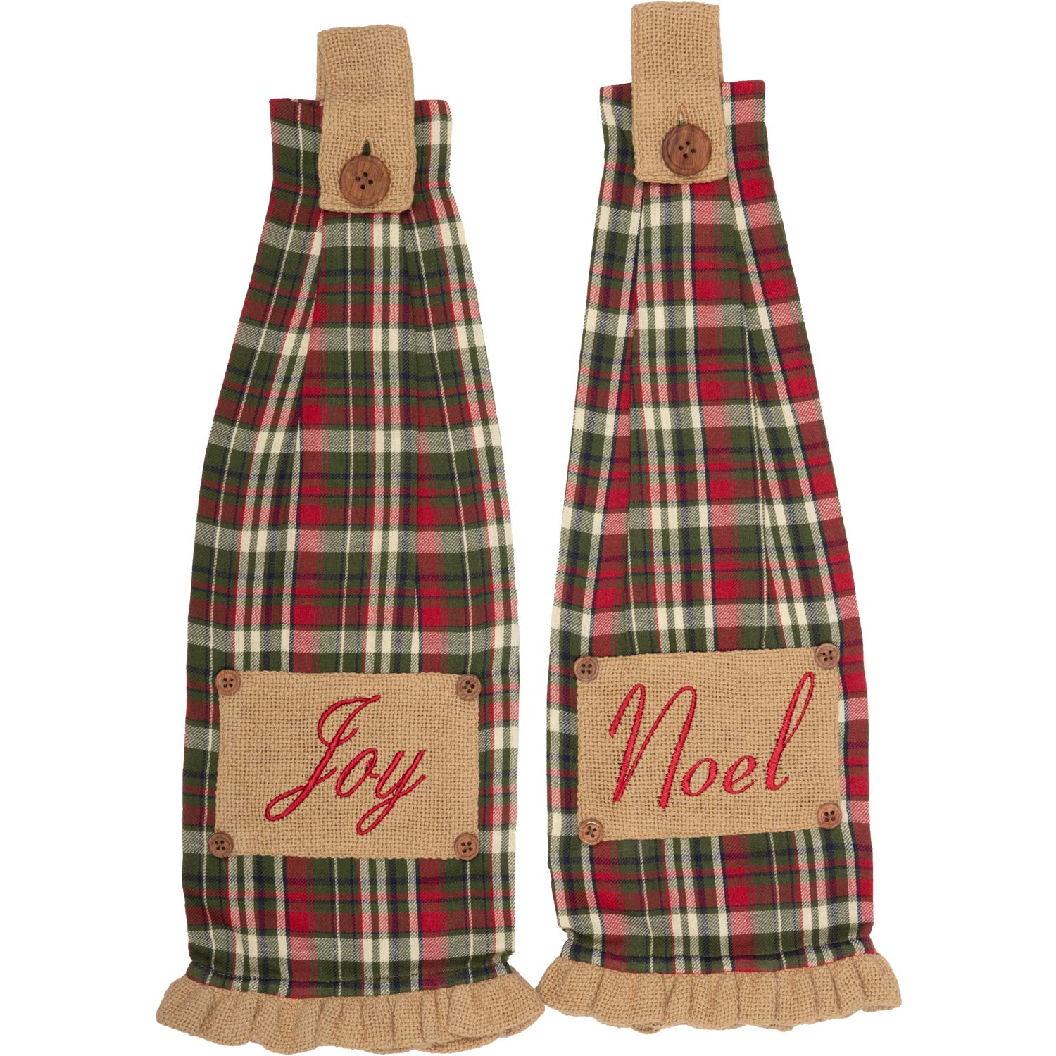 VHC Brands Forreston Joy and Noel Button Loop Set of 2 Kitchen Towel, Red