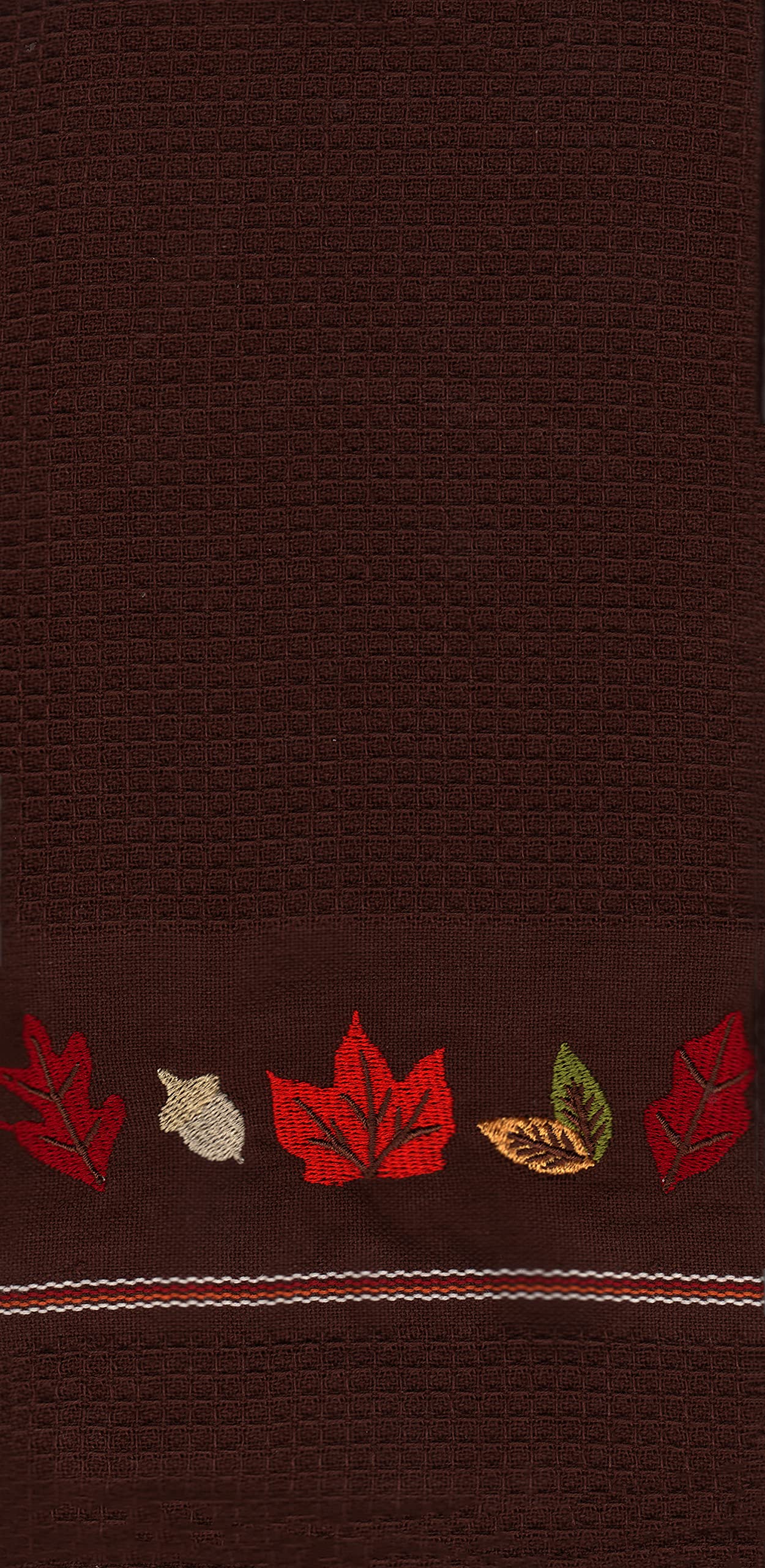 Fall Kitchen Towels Set of 3, Waffle Style with Embroidered Autumn Leaves and Pumpkins, Burgundy, Cream, and Brown Dishtowels with Hanging Loops, 16 x 26 Inches, Cotton Construction