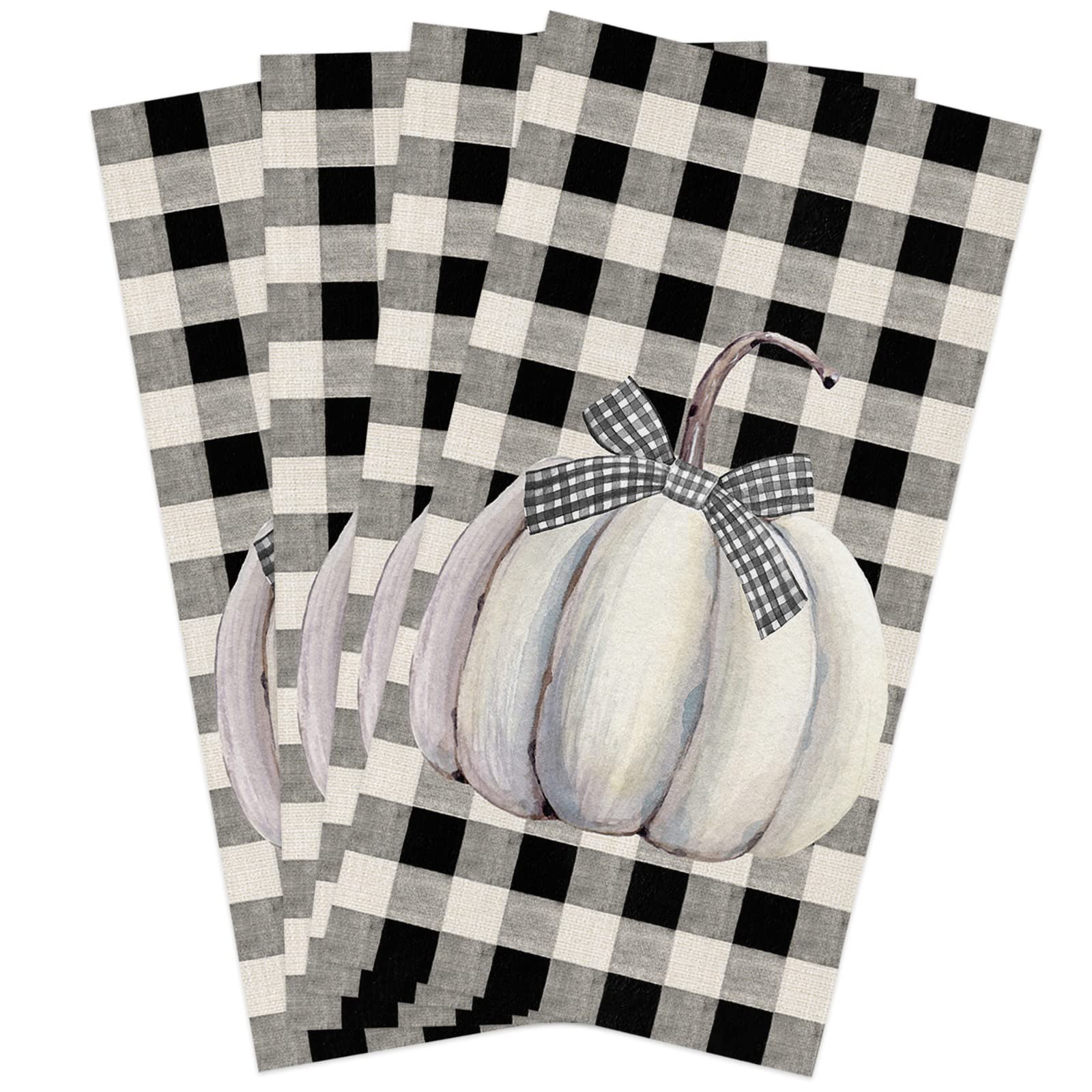 Thanksgiving Grey Pumpkin Kitchen Towels - 4 Pack Microfiber Absorbent Dish Towels for Kitchen, Fall Watercolor Black and White Plaid Farmhouse Kitchen Hand Towels/Tea Towels/Bar Towels 18"x28"