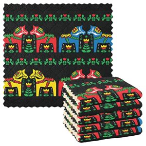 Oyihfvs Swedish Dala Horse Folk Art Seamless on Black 6 Packs Dish Towels, Washcloths Kitchen Cleaning Cloths Dish Cloths Absorbent Towels Lint Free Bar Tea Soft Waffle Towel 11"x11"